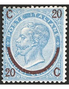 1865 - Vittorio Emanuele 20 c. su 15 c. azzurro ferro di cavallo 3° tipo, n° 25. Cert.: IC. Cat. € 1.000 (**)