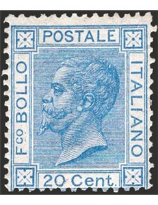 1867 - Vittorio Emanuele 20 c. azzurro, n° T26. Cert.: Chia. Cat. € 500 (*)