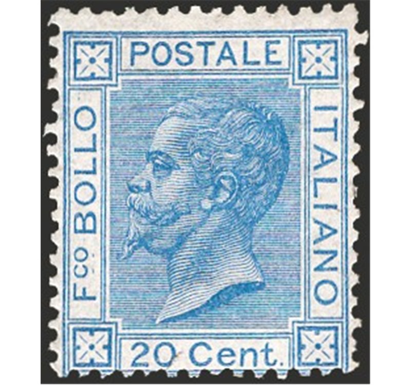 1867 - Vittorio Emanuele 20 c. azzurro, n° T26. Cert.: Chia. Cat. € 500 (*)