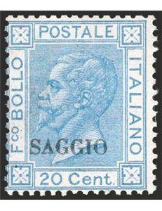 1867 - Vittorio Emanuele 20 c. azzurro con soprast. “SAGGIO” nera, n° T26. Firm.: AD - Raybaudi. Cat. € 420 (**)