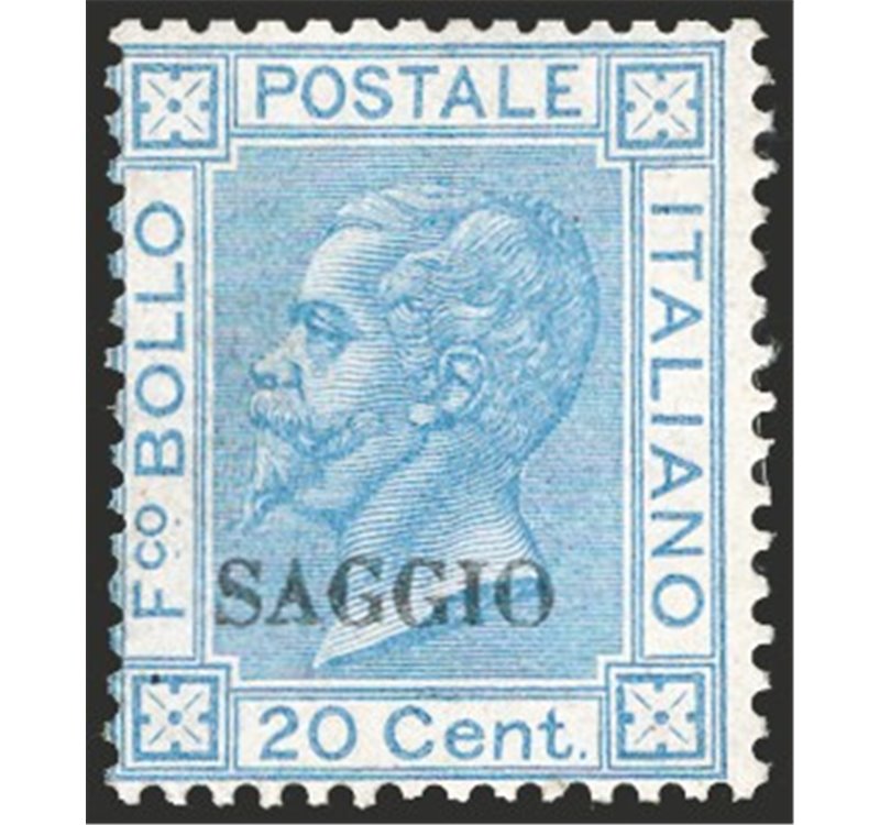 1867 - Vittorio Emanuele 20 c. azzurro con soprast. “SAGGIO” nera, n° T26. Firm.: AD - Raybaudi. Cat. € 420 (**)