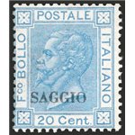 1867 - Vittorio Emanuele 20 c. azzurro con soprast. “SAGGIO” nera, n° T26. Firm.: AD - Raybaudi. Cat. € 420 (**)
