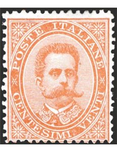 1879 - Umberto I 20 c. arancio, n° 39. Firm.: Raybaudi. Cert.: Biondi. Cat. € 700 (**)