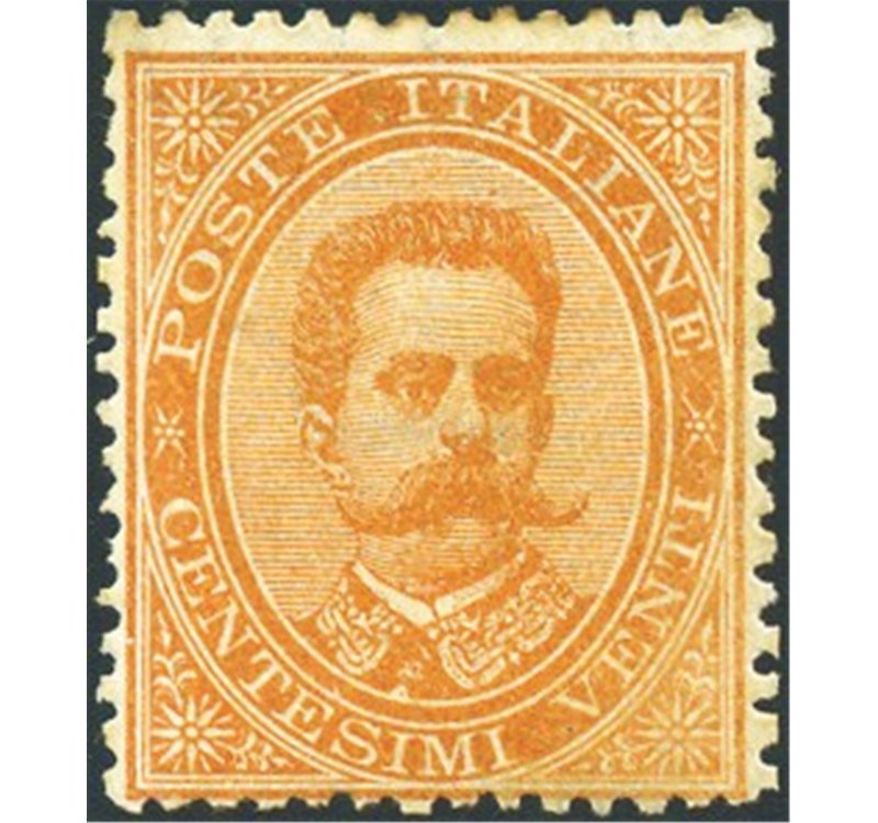 1879 - Umberto I 20 c. arancio, n° 39 con discreta centratura e leggerissima traccia di linguella. Firm.: AD. Cert.: Biondi. Cat