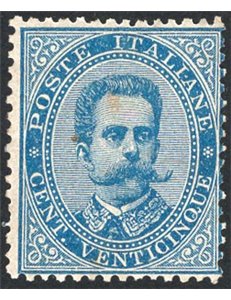 1879 - Umberto I 25 c. azzurro, n° 40. Firm.: Raybaudi - AD - ED. Cert.: Apicella. Cat. € 1.250 (**)