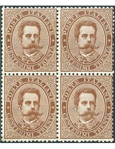 1879 - Umberto I 30 c. bruno in quartina con discreta centratura, n° 41, dent. verticale in parte staccata in basso. Cert.: Bion
