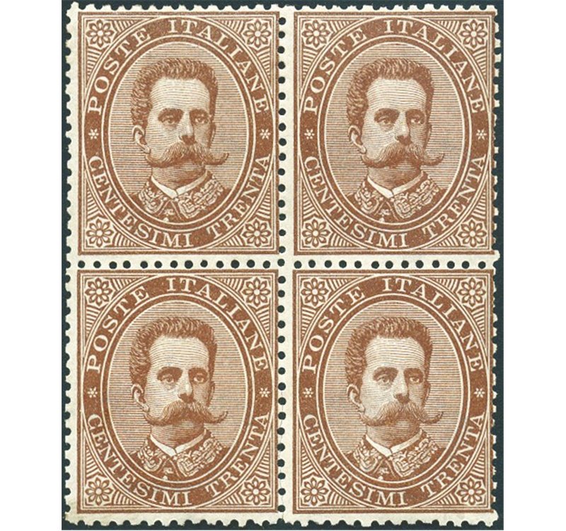1879 - Umberto I 30 c. bruno in quartina con discreta centratura, n° 41, dent. verticale in parte staccata in basso. Cert.: Bion