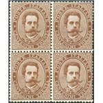 1879 - Umberto I 30 c. bruno in quartina con discreta centratura, n° 41, dent. verticale in parte staccata in basso. Cert.: Bion