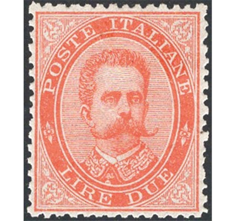 1879 - Umberto I 2 £ vermiglio, n° 43 con ottima centratura. Cert.: IC. Cat. € 375 (**)