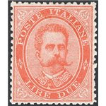 1879 - Umberto I 2 £ vermiglio, n° 43 con ottima centratura. Cert.: IC. Cat. € 375 (**)