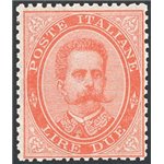 1879 - Umberto I 2 £ vermiglio, n° 43 con discreta centratura. Firm.: ED. Cert.: IC. Cat. € 250 (**)