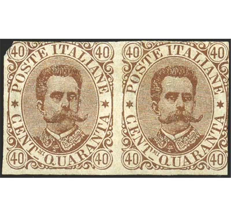 1889 - Umberto I 40 c. bruno in coppia non dent. in mezzo, come da catalogo Sassone sono note solo due coppie difettose con marg