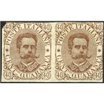 1889 - Umberto I 40 c. bruno in coppia non dent. in mezzo, come da catalogo Sassone sono note solo due coppie difettose con marg