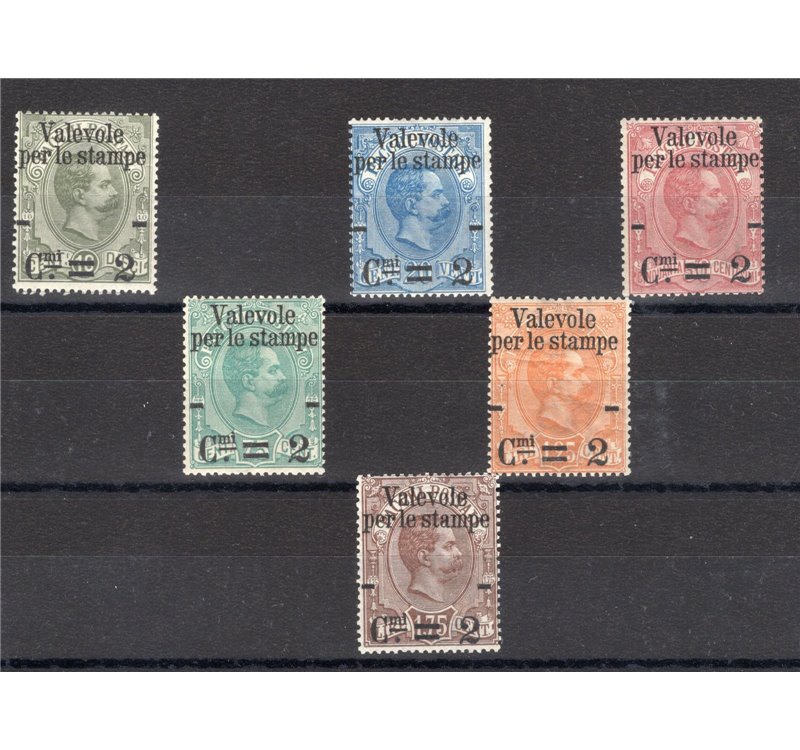 1890 - Valevole per le stampe, serie n° 50/55. Cert.: IC. Cat. € 565 (**)