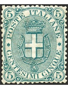1891 - Stemma 5 c. verde, n° 59 con ottima centratura. Cert.: Biondi. Cat. € 5.870 (**)