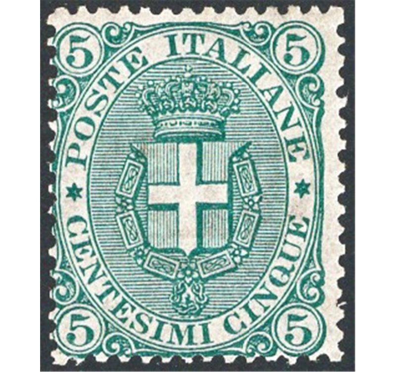 1891 - Stemma sabaudo 5 c. verde, n° 59. Firm.: AD - Raybaudi. Cert.: IC. Cat. € 800 (**)