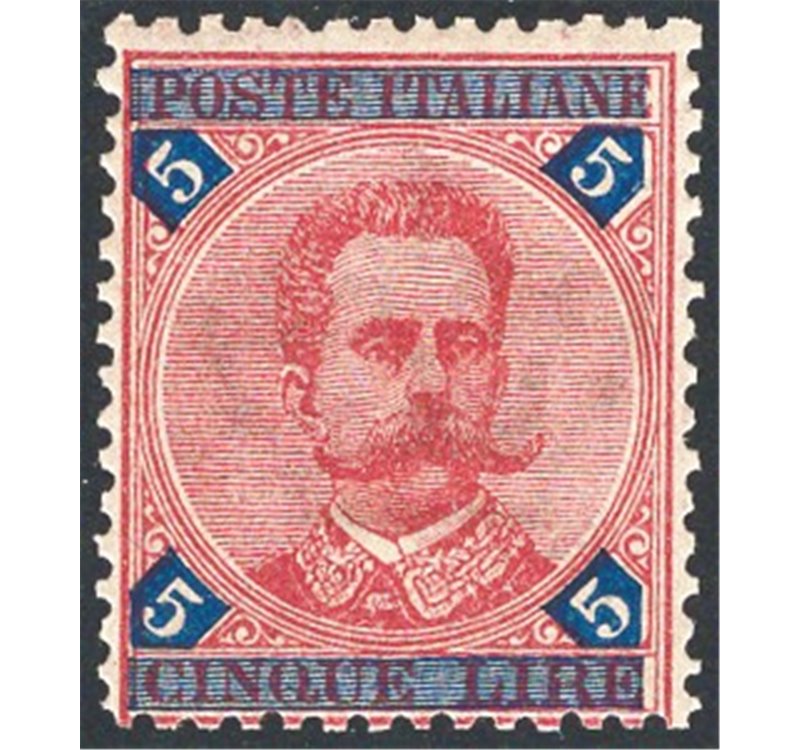 1891 - Umberto I 5 £ carminio ed azzurro, n° 64. Cat. € 200 (**)