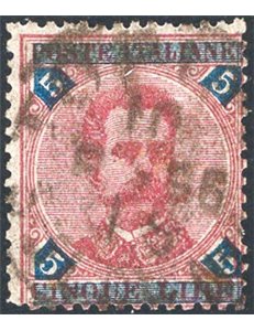 1891 - Umberto I 5 £ carminio ed azzurro con annullo originale in data, n° 64. Cert.: IC. Cat. € 500 (U)