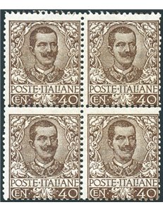 1901 - Floreale 40 c. bruno, n° 74 in bella quartina. Cert.: Sv.Ol - Biondi. Cat. € 15.000++ (**)