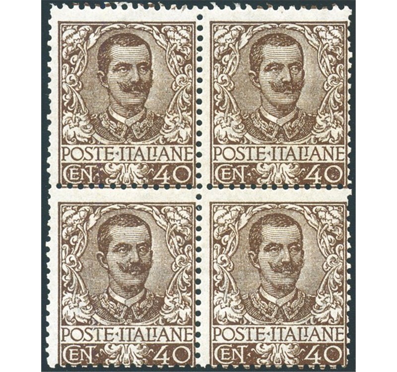 1901 - Floreale 40 c. bruno, n° 74 in bella quartina. Cert.: Sv.Ol - Biondi. Cat. € 15.000++ (**)