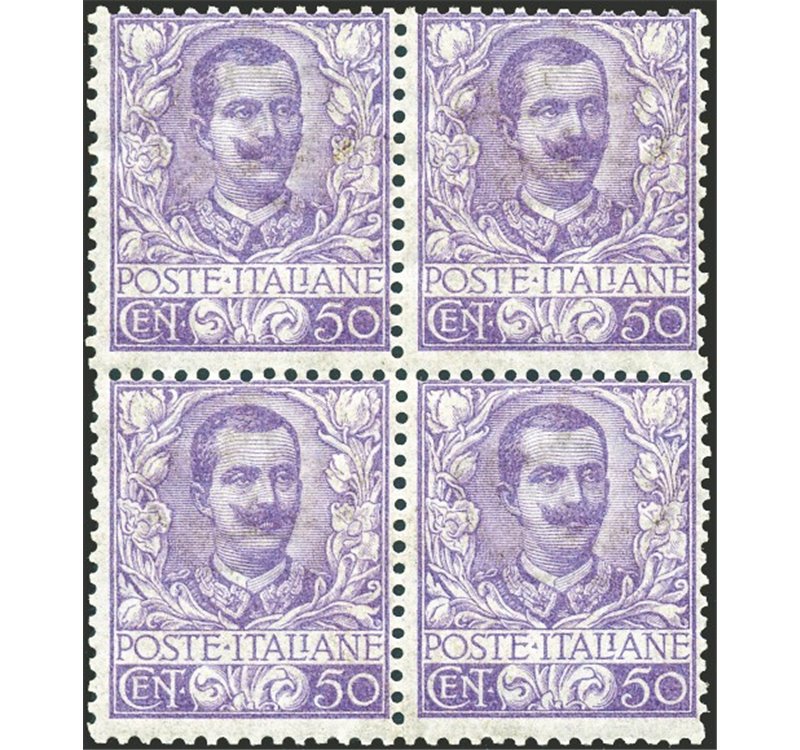1901 - Floreale 50 c., n° 76 in quartina di ottima qualità. Cert.: ED. Cat. € 18.000++ (**)