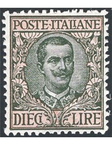 1910 - Floreale 10 £, n° 91 con ottima centratura. Cert.: IC. Cat. € 1.400 (**)