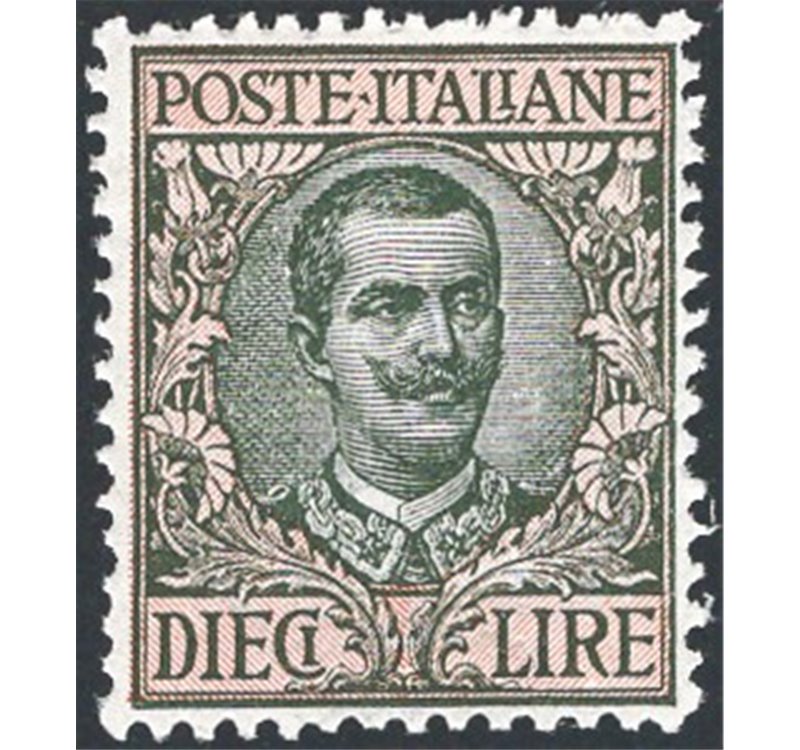 1910 - Floreale 10 £, n° 91 con ottima centratura. Cert.: IC. Cat. € 1.400 (**)