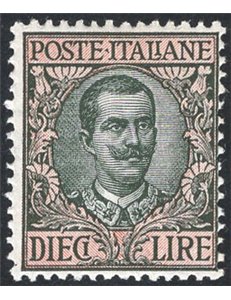 1910 - Floreale 10 £, n° 91. Cert.: IC. Cat. € 350 (**)
