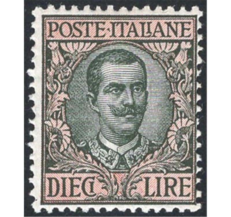 1910 - Floreale 10 £, n° 91. Cert.: IC. Cat. € 350 (**)