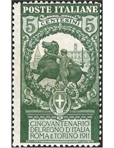 1911 - Unità d'Italia 5 c. verde dent. 13½, n° 93a. Cert.: IC. Cat. € 375 (**)