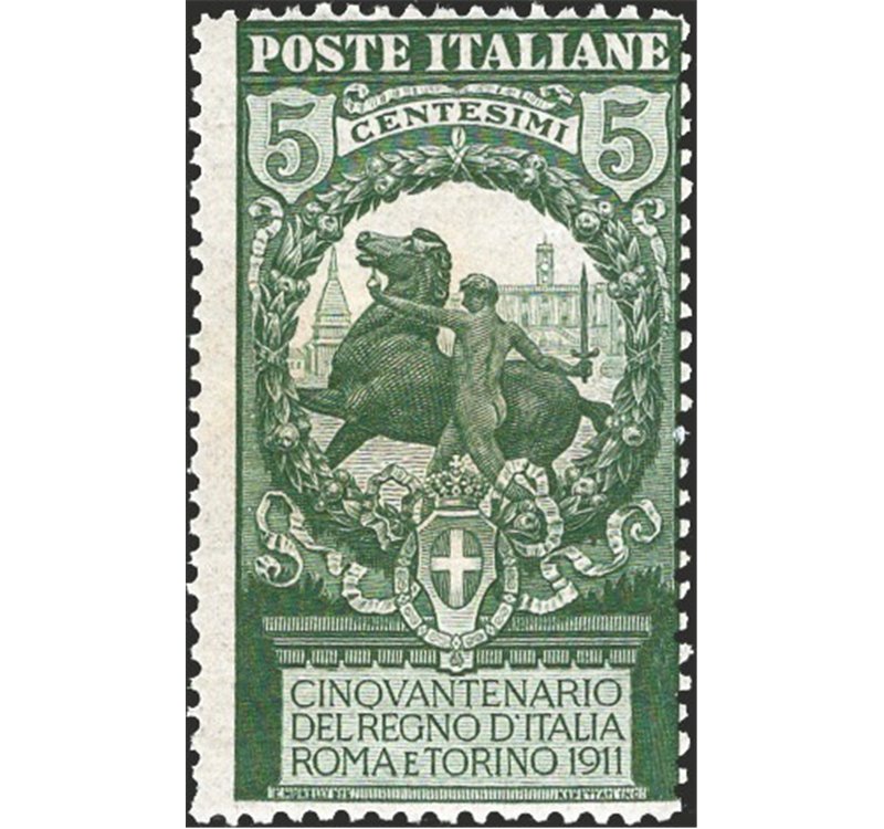 1911 - Unità d'Italia 5 c. verde dent. 13½, n° 93a. Cert.: IC. Cat. € 375 (**)