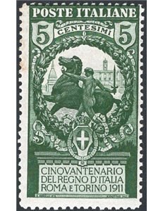 1911 - Unità d'Italia 5 c. bruno dent. 13½, n° 93a. Cert.: IC. Cat. € 250 (*)