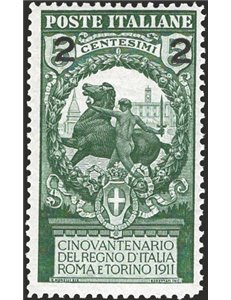 1913 - Unità d'Italia 2 c. soprast. su 5 verde dent. 13½, n° 99a con ottima centratura. Cert.: IC. Cat. € 375 (**)