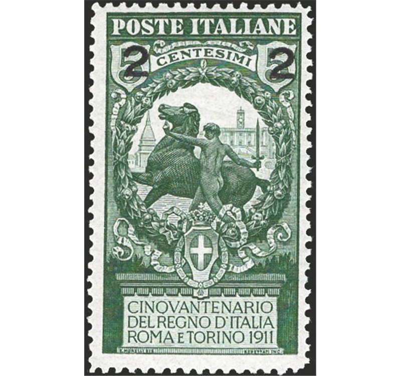 1913 - Unità d'Italia 2 c. soprast. su 5 verde dent. 13½, n° 99a con ottima centratura. Cert.: IC. Cat. € 375 (**)