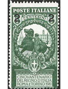 1913 - Unità d'Italia 2 c. soprast. su 5 verde dent. 13½, n° 99a. Cat. € 75 (**)