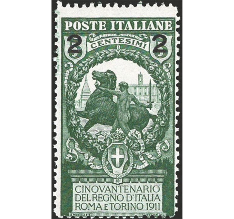1913 - Unità d'Italia 2 c. soprast. su 5 verde dent. 13½, n° 99a. Cat. € 75 (**)