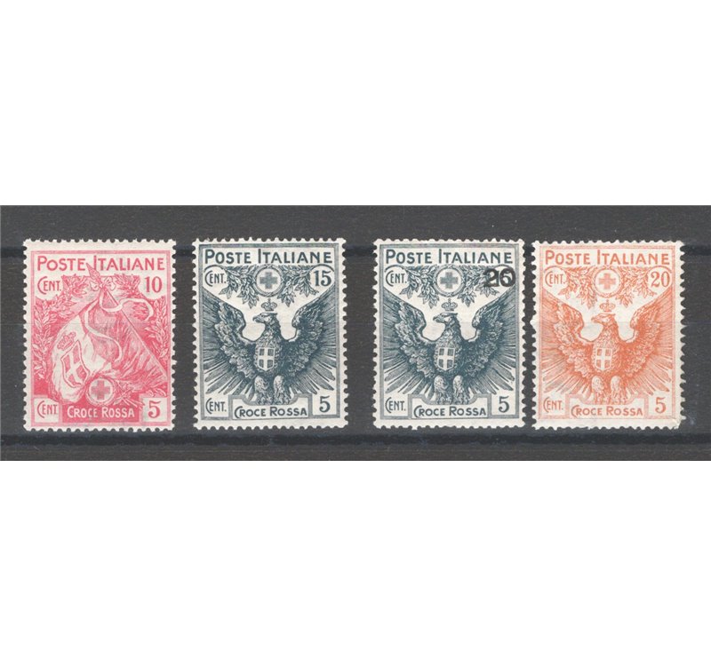 1915/16 - Pro Croce Rossa, serie n° 102/5 con ottima centratura. Cert.: Biondi. Cat. € 500 (**)