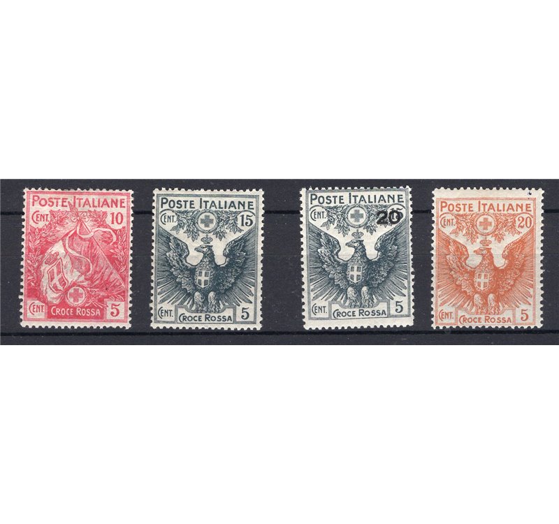 1915/16 - Pro Croce Rossa, serie n° 102/5. Cert.: IC. Cat. € 250 (**)
