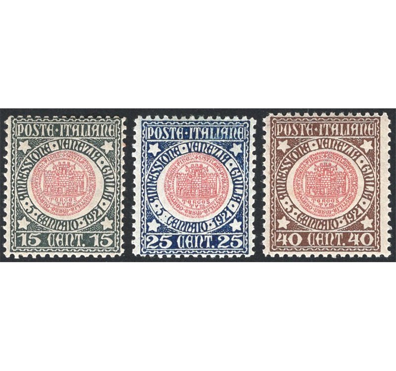 1921 - Venezia Giulia, serie n° 113/15 con ottima centratura. Cert.: IC. Cat. € 375 (**)