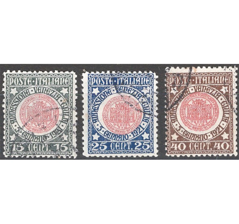 1921 - Venezia Giulia con annulli non garantiti (poco leggibili), serie n° 113/15. Cat. € 200 (U)
