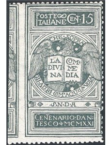1921 - Dante 15 c. grigio non emesso, non dent. a sinistra, n° 116Ak. Cert.: IC. Cat. € 1.350 (**)