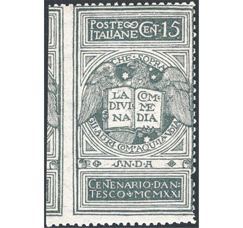 1921 - Dante 15 c. grigio non emesso, non dent. a sinistra, n° 116Ak. Cert.: IC. Cat. € 1.350 (**)