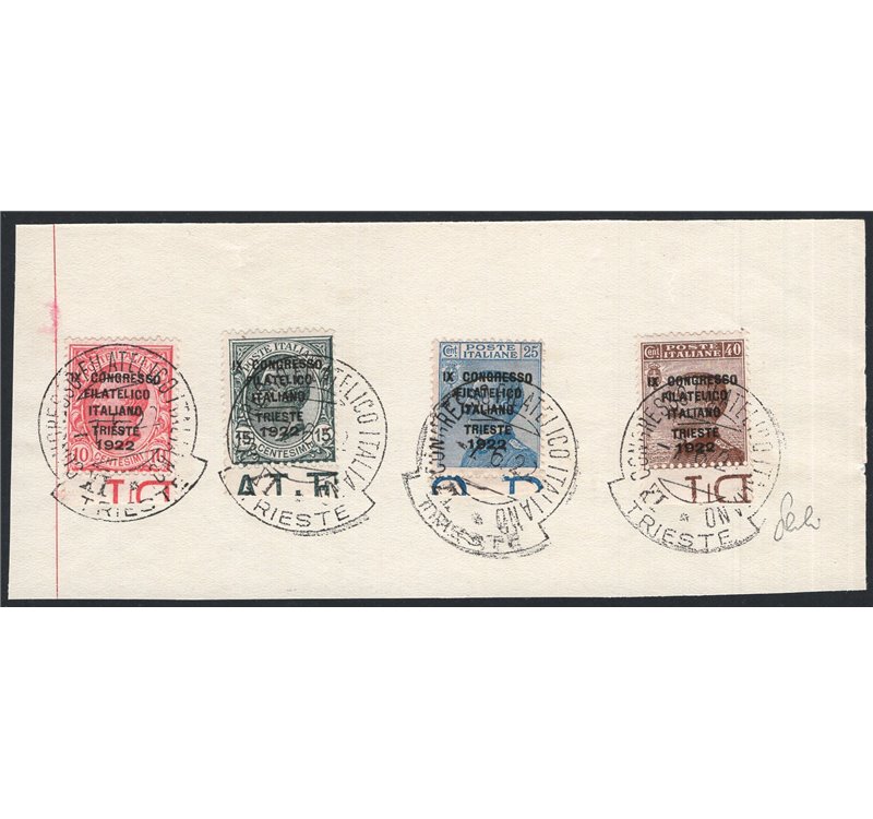 1922 - Congresso Filatelico, serie n° 123/26 su frammento con con bordo di foglio. Cert.: Cilio. Cat. € 1.600 (U/Fr)