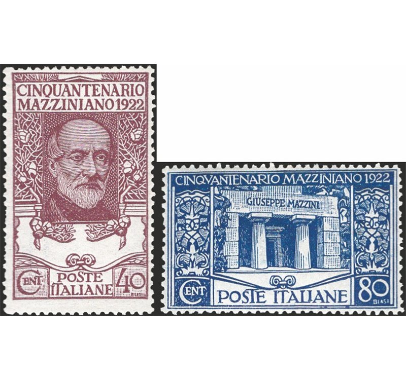 1922 - Mazzini, serie n° 128/30 con ottima centratura per l'emissione. Cert.: IC. Cat. € 1.000 (**)