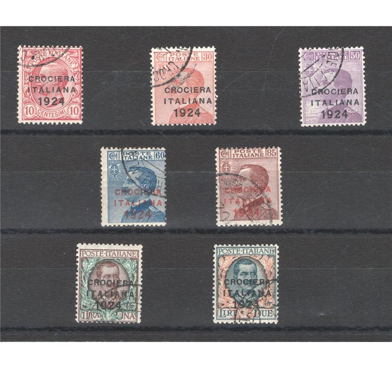 1924 - Crociera Italiana, serie n° 162/68 con annulli originali della crociera. Timbrino Bolaffi (2 £). Cert.: IC. Cat. € 1.750 