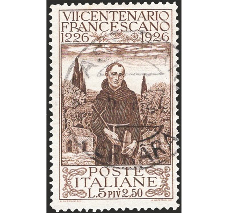 1926 - S. Francesco 5 £ bruno, n° 197 con annullo originale in data. Cert.: IC. Cat. € 240 (U)