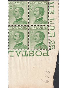 1927 - Vittorio Emanuele 25 c. tipo Michetti, n° 219 in quartina d'angolo. Cat. € 120++ (**)