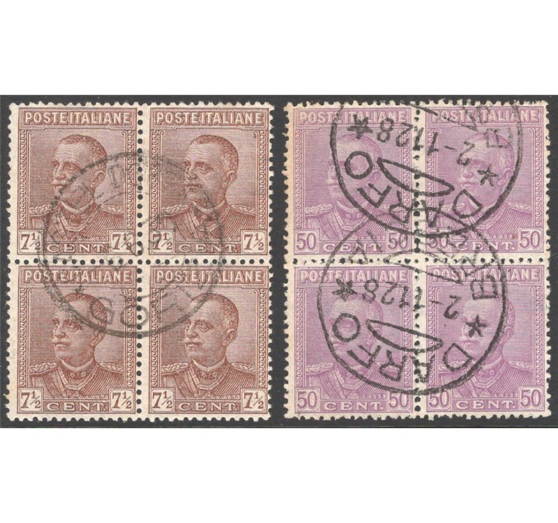 1928 - Emanuele Filiberto 7½ c. e 50 c. tipo Parmeggiani, serie n° 224/25 in quartina. Cat. € 450 (**)