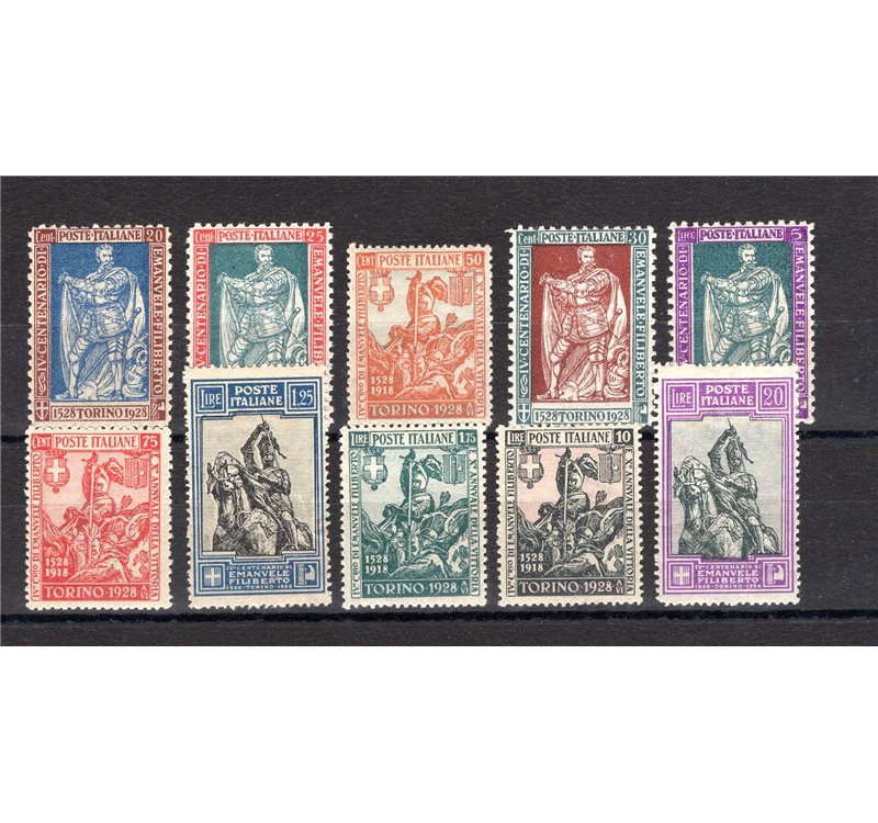1928 - Emanuele Filiberto, serie n° 226/29 + 233/38 con ottima centratura. Cert.: Biondi. Cat. € 1.050 (**)