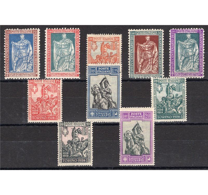 1928 - Emanuele Filiberto, serie n° 226/29 + 233/38. Cert.: Biondi. Cat. € 700 (**)